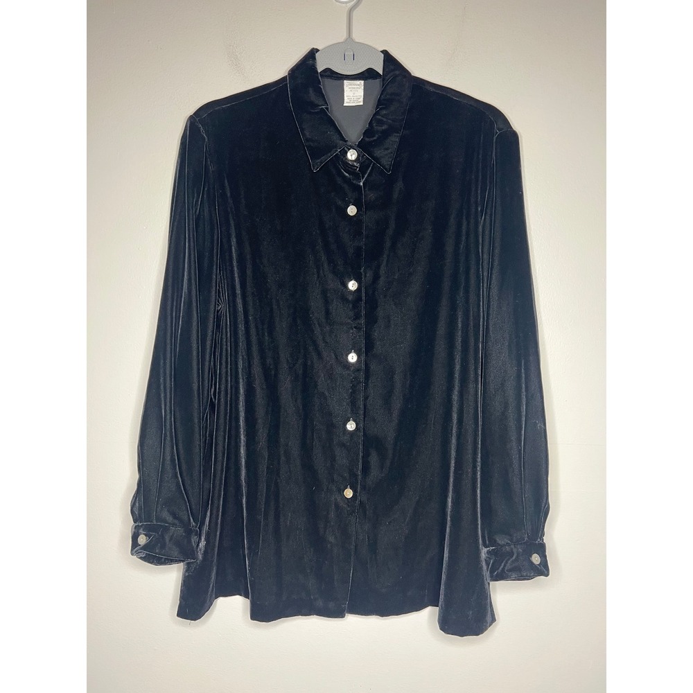 Vintage 90s Lands' End Black Velvet Button Down Shirt Tunic Petite 12 Minimalist